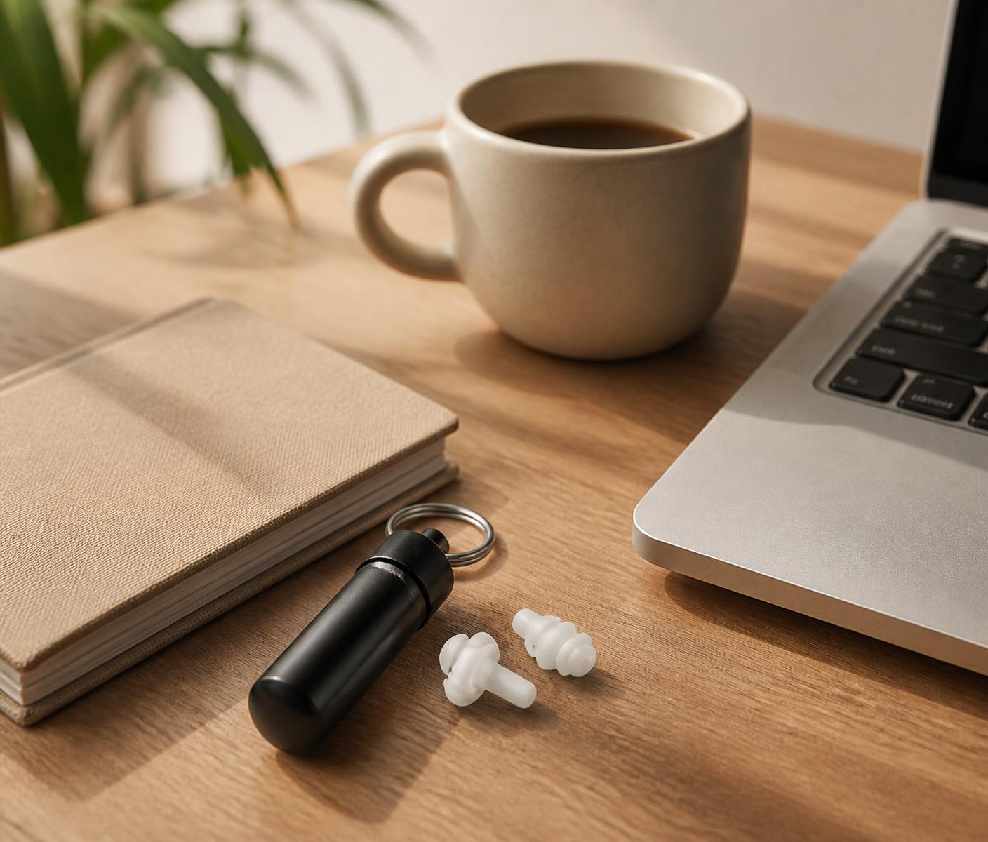 Sevani earplugs and keychain case on a warm wooden desk beside a notebook, coffee and laptop